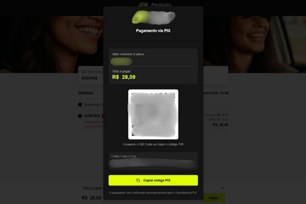 Tela de pagamento digital exibindo valor de R$ 28,09 para pagamento via PIX. Apresenta código QR centralizado para leitura e botão amarelo para copiar código PIX abaixo do código.