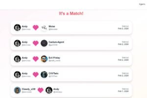 Lista de cinco correspondências entre usuários no aplicativo MeltMatch, mostrando nomes, ícones de perfil e datas de combinação entre 1 e 2 de fevereiro de 2028.