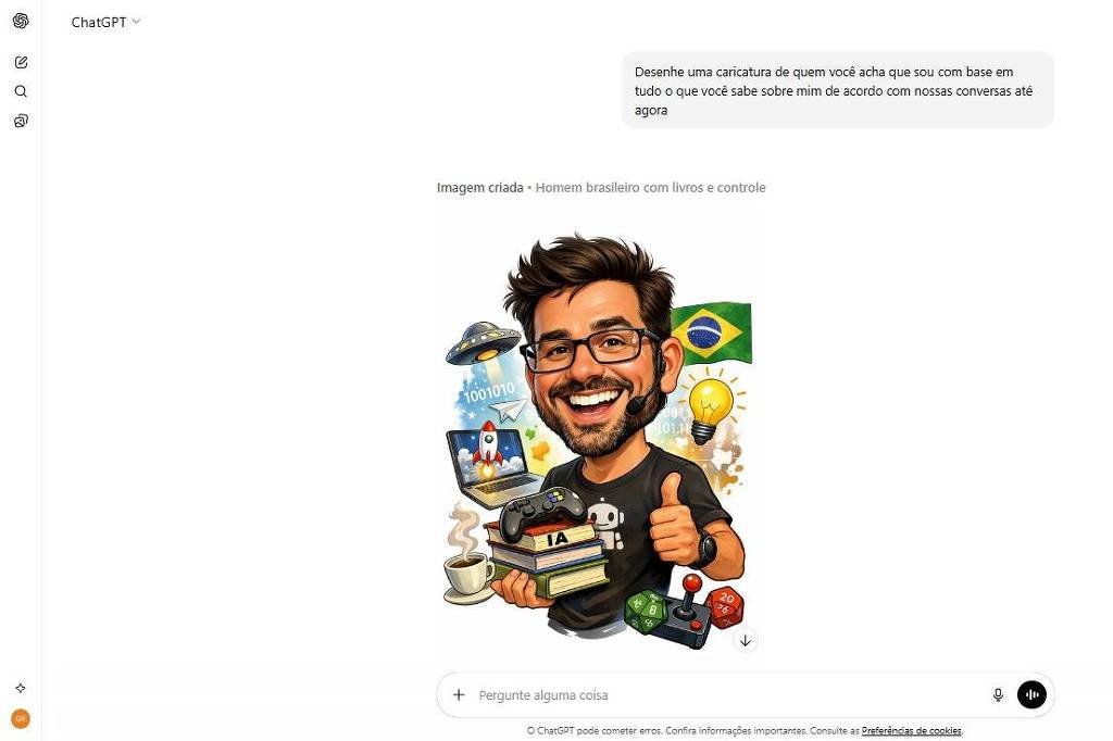 Caricatura de homem com óculos e barba, sorrindo e fazendo sinal de positivo com a mão direita. Ao fundo, bandeira do Brasil. Ao redor, elementos como uma xícara de café, livros, uma lâmpada acesa, um controle de videogame, uma câmera e um chapéu de cangaceiro.