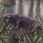 Anfíbio com corpo coberto por escamas arredondadas caminha sobre tronco em área pantanosa cercada por samambaias e plantas aquáticas. Fundo mostra árvores e água refletindo luz suave.