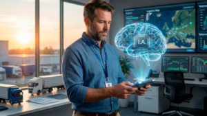 Gestor de frotas utilizando smartphone com holograma de inteligência artificial em escritório logístico com caminhões e painéis de monitoramento ao fundo.