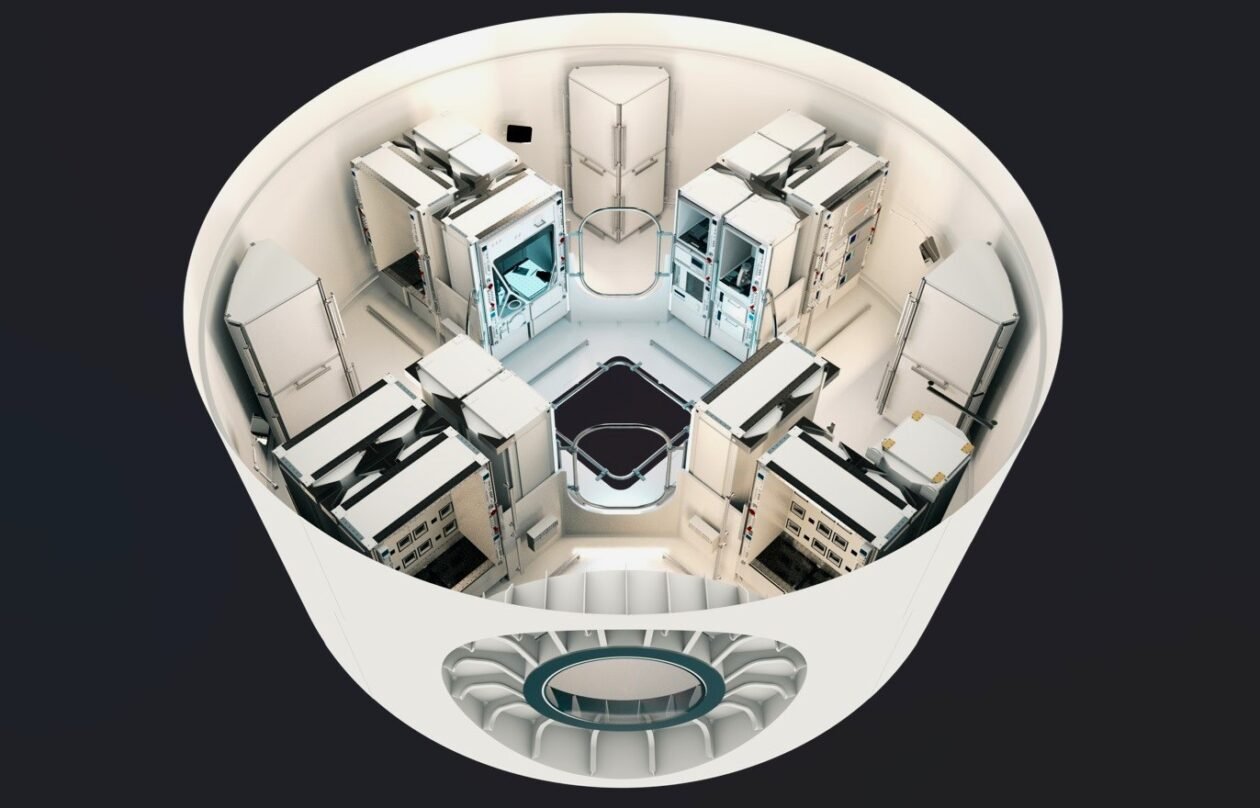 Ilustração: Vista em corte do espaço de trabalho do laboratório na estação espacial Starlab