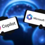 Pessoas segurando celulares com ícones do Copilot e do Microsoft 365 na tela