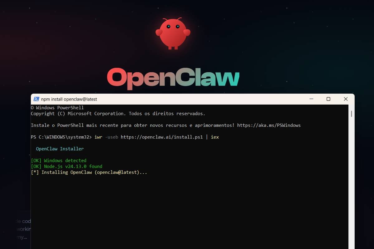 Janela do PowerShell aberta em ambiente Windows exibindo comandos para instalar o OpenClaw. Fundo escuro com logotipo vermelho do OpenClaw e texto colorido no terminal.