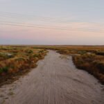 Caminho de areia atravessa vegetação rasteira e arbustos baixos em terreno plano. Céu claro com tons rosados ao fundo e linhas de energia elétrica visíveis no horizonte.
