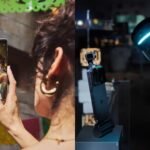 Montagem com imagens de mulher tirando selfie com Motorola Razr Fold e de celular e robô humanoide da Honor