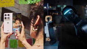 Montagem com imagens de mulher tirando selfie com Motorola Razr Fold e de celular e robô humanoide da Honor