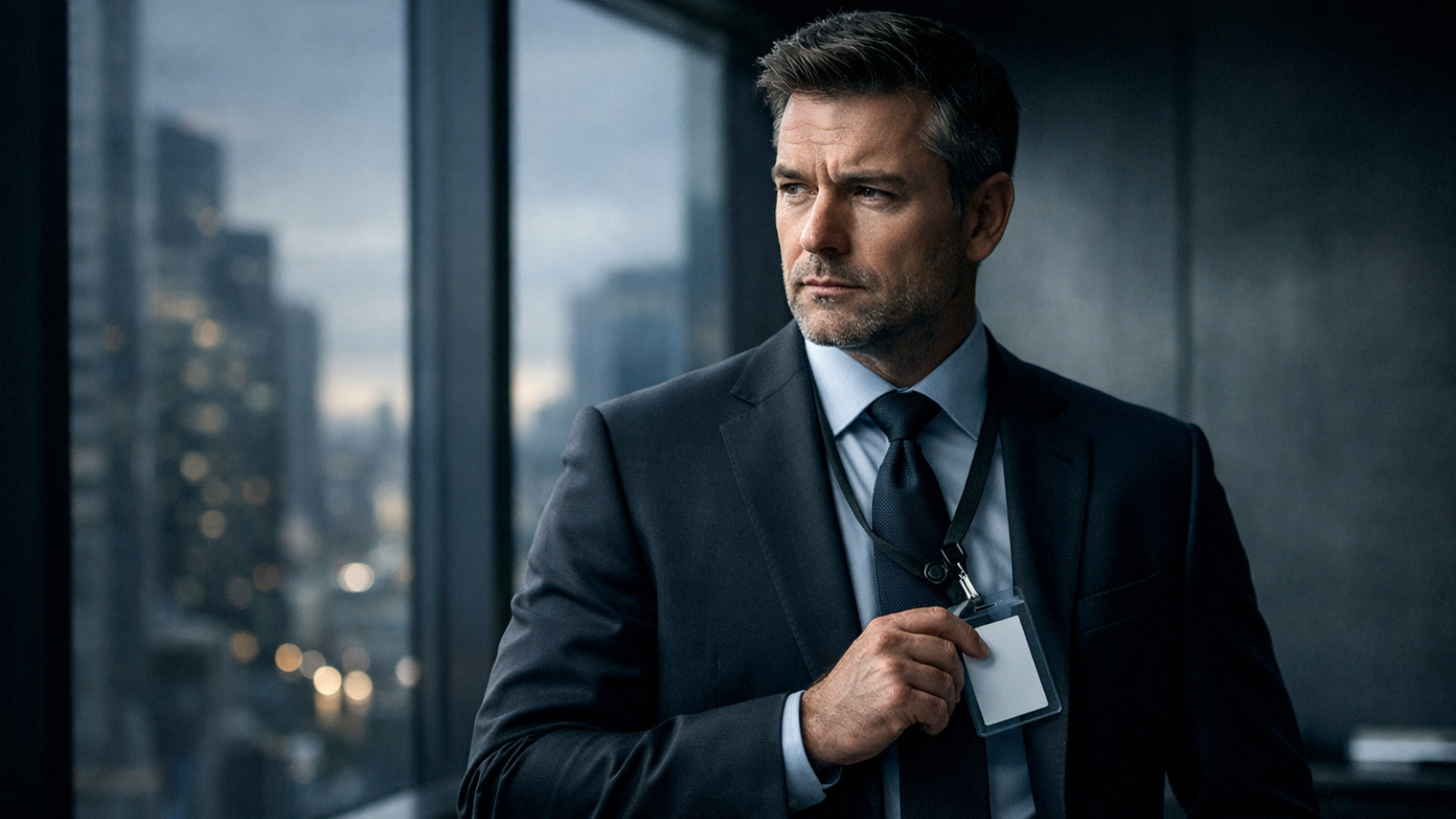 Executivo segurando crachá corporativo em escritório moderno, simbolizando transição de carreira e valor profissional além do cargo.