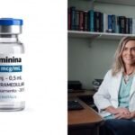 Montagem com imagens de frasco de laminina e da pesquisadora Tatiana Sampaio