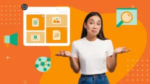Uma mulher confusa encolhe os ombros diante de um fundo laranja com ícones flutuantes de mídia digital, incluindo documentos, imagens, vídeo, música, um alto-falante e uma lupa sobre um calendário.