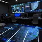 Sala escura com várias estações de trabalho e cadeiras. Grandes telas na parede mostram mapa detalhado com círculos concêntricos e transmissão ao vivo de duas apresentadoras. Mesa à frente exibe mapa digital ampliado com linhas e dados.