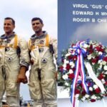 Montagem com foto de astronautas que morreram na Apollo 1  e de homenagem a eles
