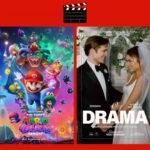 Montagem com pôsteres dos filmes Super Mario Galaxy e O Drama, que estreiam nos cinemas em 2 de abril de 2026