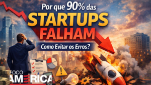 Tela digital com gráficos em queda e múltiplas janelas sobrepostas, representando o colapso e a complexidade no ambiente de startups