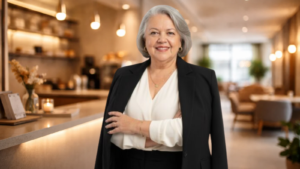 Myrinha em ambiente sofisticado de atendimento, representando experiência de encantamento e conexão com o cliente