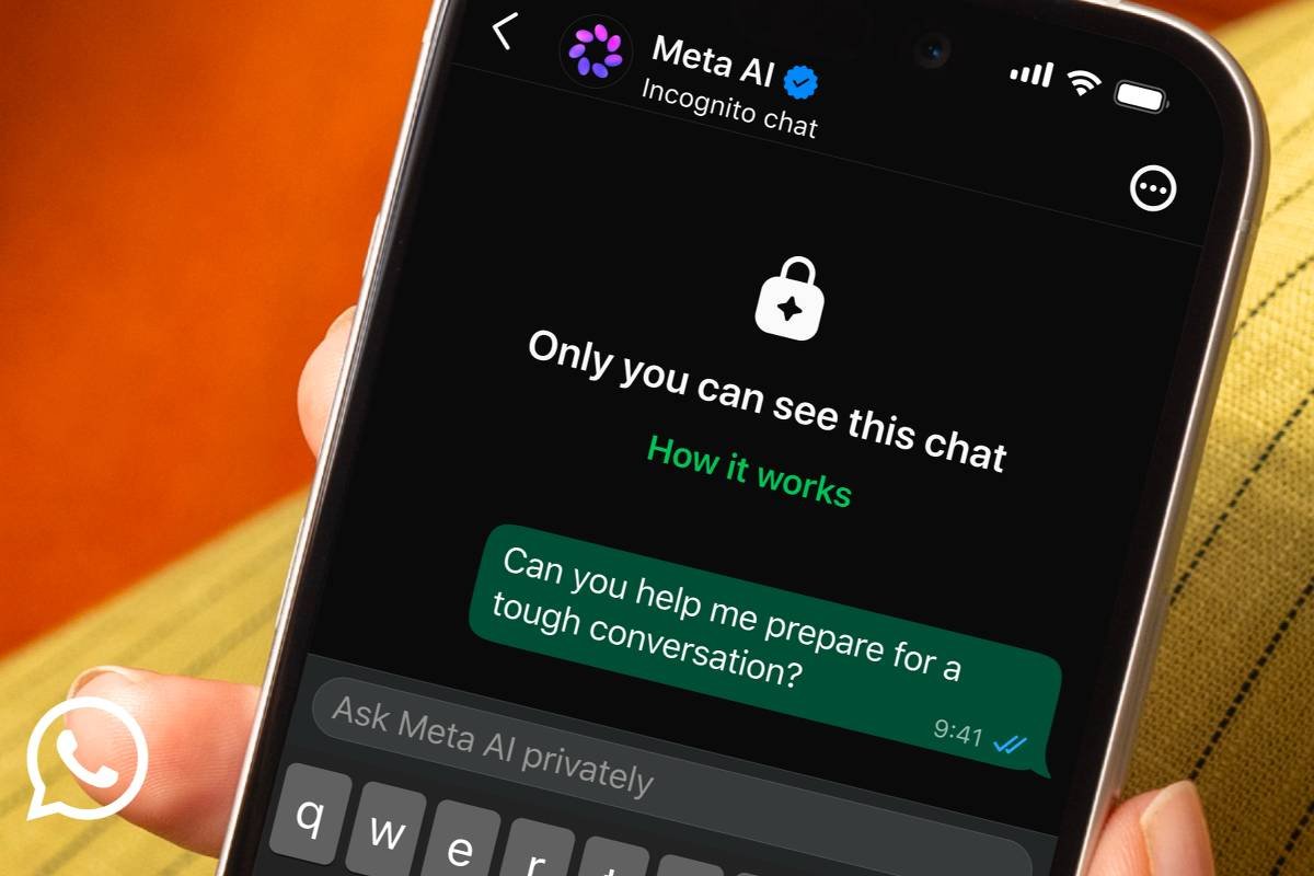 Tela de smartphone mostra chat com Meta AI em modo incógnito. Mensagem enviada pergunta sobre ajuda para preparar conversa difícil. Ícone de cadeado indica privacidade da conversa.