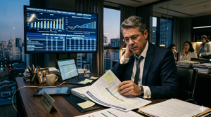 Empresário analisa documentos e gráficos tributários em escritório corporativo durante estudo estratégico sobre os impactos da reforma tributária e créditos de IBS e CBS.