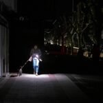 Uma pessoa está caminhando à noite em uma calçada iluminada por uma lanterna. A pessoa usa um casaco escuro e jeans, segurando a coleira de um cachorro que está ao seu lado. O ambiente ao redor é escuro, com algumas árvores visíveis e edifícios ao fundo, mas a iluminação da lanterna destaca a área onde estão.