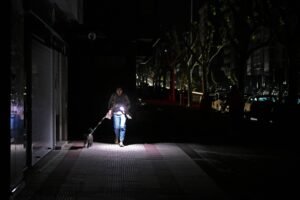 Uma pessoa está caminhando à noite em uma calçada iluminada por uma lanterna. A pessoa usa um casaco escuro e jeans, segurando a coleira de um cachorro que está ao seu lado. O ambiente ao redor é escuro, com algumas árvores visíveis e edifícios ao fundo, mas a iluminação da lanterna destaca a área onde estão.