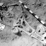 Esqueleto humano completo em posição estendida em solo de escavação arqueológica, com régua de medição ao lado e placa identificadora com texto em cirílico.