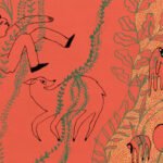 Ilustração mostra homem flutuando à esquerda, cervo ao centro e quatro animais menores à direita, todos sobre fundo laranja com plantas verdes e detalhes pontilhados.