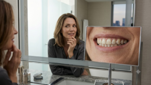 Mulher observando o próprio sorriso no espelho enquanto imagem ampliada destaca sinais sutis de desgaste e envelhecimento dentário.