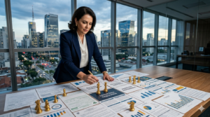 Executiva analisa documentos estratégicos, indicadores financeiros e planejamento tributário em escritório corporativo com vista para o centro financeiro da cidade.