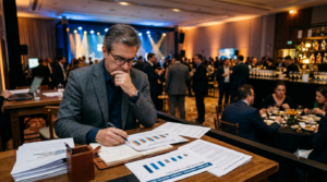 Empresário analisa relatórios financeiros durante evento corporativo, refletindo sobre os impactos da reforma tributária e do Imposto Seletivo nos setores de bares, restaurantes e entretenimento.