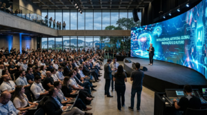 Auditório lotado durante o Summit de Inteligência Artificial Brasil 2026, em Joinville (SC), com palestrante no palco diante de um grande painel digital sobre Inteligência Artificial, reunindo especialistas, executivos, pesquisadores e profissionais de tecnologia.