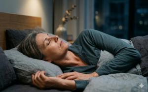 Mulher madura dormindo de lado em ambiente noturno, com expressão serena e leve tensão na região da mandíbula, representando a relação entre bruxismo, respiração e função muscular durante o sono.