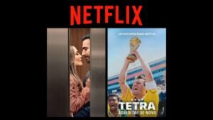 Montagem com pôsteres do filme Paixão de Escritório e de documentário sobre quando o Brasil foi tetracampeão na Copa do Mundo