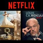 Montagem com pôsteres de Enola Holmes 3 e especial de Louis C.K., ambos lançamentos da Netflix