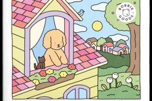 A imagem mostra uma ilustração colorida de uma casa com um cachorro de pelagem encaracolada olhando pela janela. Ao lado do cachorro, há um gato preto. A casa tem um telhado rosa e flores coloridas na janela. No fundo, há um sol amarelo, nuvens brancas e várias casas em um cenário verde.