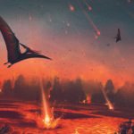 Pterossauros voam sobre terreno vulcânico com lava exposta enquanto meteoros incendeiam a floresta ao fundo. O céu está escuro com múltiplos meteoros em queda, e a vegetação é parcialmente visível entre as chamas.