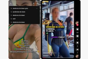 Dois perfis de redes sociais lado a lado. À esquerda, uma mulher jovem em biquíni verde com texto sobre idade, estado civil, características físicas e menção à síndrome de Down. À direita, uma mulher loira em academia com o rosto pixelado, texto indicando