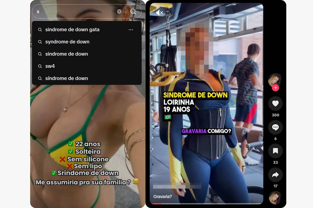 Dois perfis de redes sociais lado a lado. À esquerda, uma mulher jovem em biquíni verde com texto sobre idade, estado civil, características físicas e menção à síndrome de Down. À direita, uma mulher loira em academia com o rosto pixelado, texto indicando