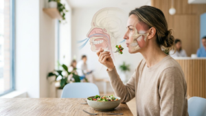 Mulher respirando pelo nariz enquanto mastiga um alimento saudável, com ilustração anatômica destacando as vias aéreas e os músculos da mastigação.