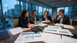 Executivos analisam documentos, planilhas e projeções financeiras durante reunião corporativa sobre os impactos da reforma tributária e a indefinição das futuras alíquotas.