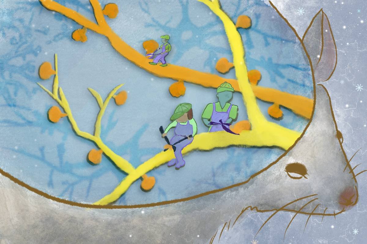 Cérebro de camundongo com cinza com galhos amarelos e laranja. Três figuras humanas pequenas em verde e roxo estão sentadas e em pé sobre os galhos. Fundo azul com pequenos pontos brancos que lembram estrelas.