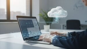 Pessoa usa notebook enquanto elementos gráficos representam processamento de inteligência artificial no dispositivo e na nuvem.