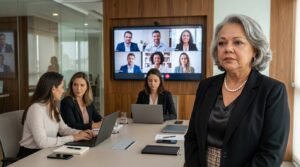 Myrinha Vasconcellos em ambiente corporativo durante reunião híbrida, cenário que representa o WOLLYING e a exclusão psicológica velada no trabalho.