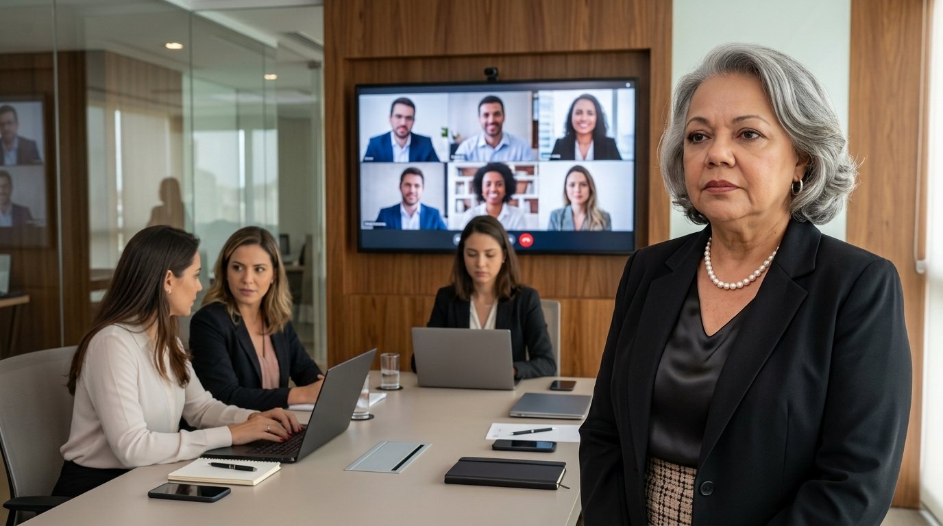 Myrinha Vasconcellos em ambiente corporativo durante reunião híbrida, cenário que representa o WOLLYING e a exclusão psicológica velada no trabalho.