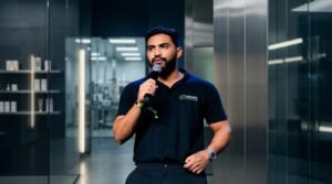 Hugo Vinícius, diretor comercial do Grupo Bellar, em ambiente corporativo ligado à indústria de suplementos.