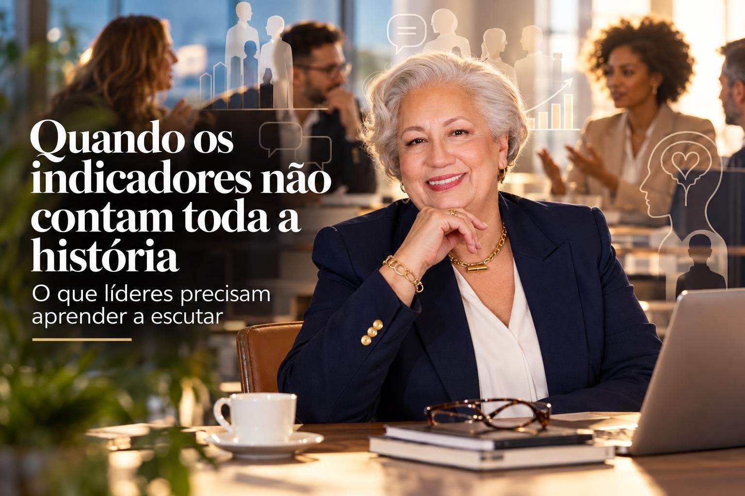Sylvia Oliveira em ambiente corporativo ilustra reflexão sobre escuta na liderança e os sinais humanos que antecedem os indicadores organizacionais.