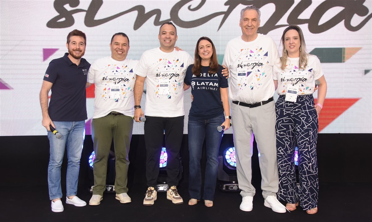 Danillo Barbizan, da Delta, Anderson Paranhos e Peterson Prado, da AVIPAM, Aline Mafra, da Latam, Fernando Slomp e Tatiana Brugognolle, da AVIPAM