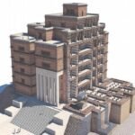 Modelo tridimensional de um edifício com fachada em tijolos aparentes e estrutura em degraus. A construção apresenta escadaria frontal ampla, colunas na entrada principal e varandas em vários andares. O cenário é neutro, com sombra projetada ao lado esquerdo.