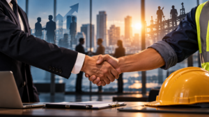 Empresário e trabalhador apertam as mãos, simbolizando diálogo, cooperação e respeito nas relações de trabalho.