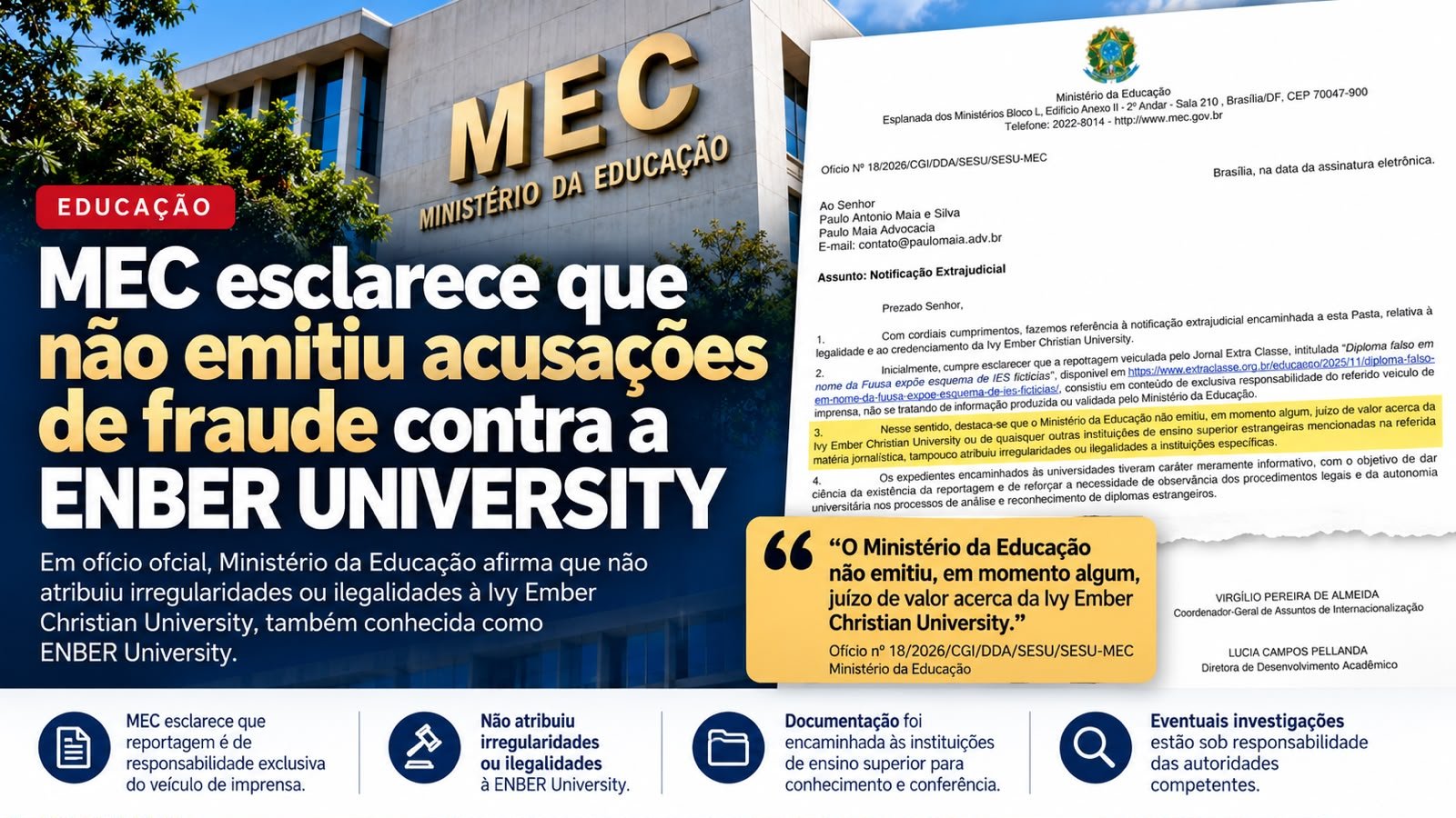 MEC esclarece que não emitiu nota acusando a ENBER University de fraude ou irregularidades